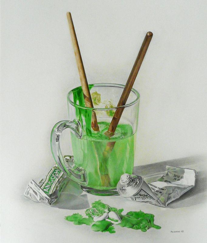 Tasse et pinceaux, 50x60 cm, crayons de couleur